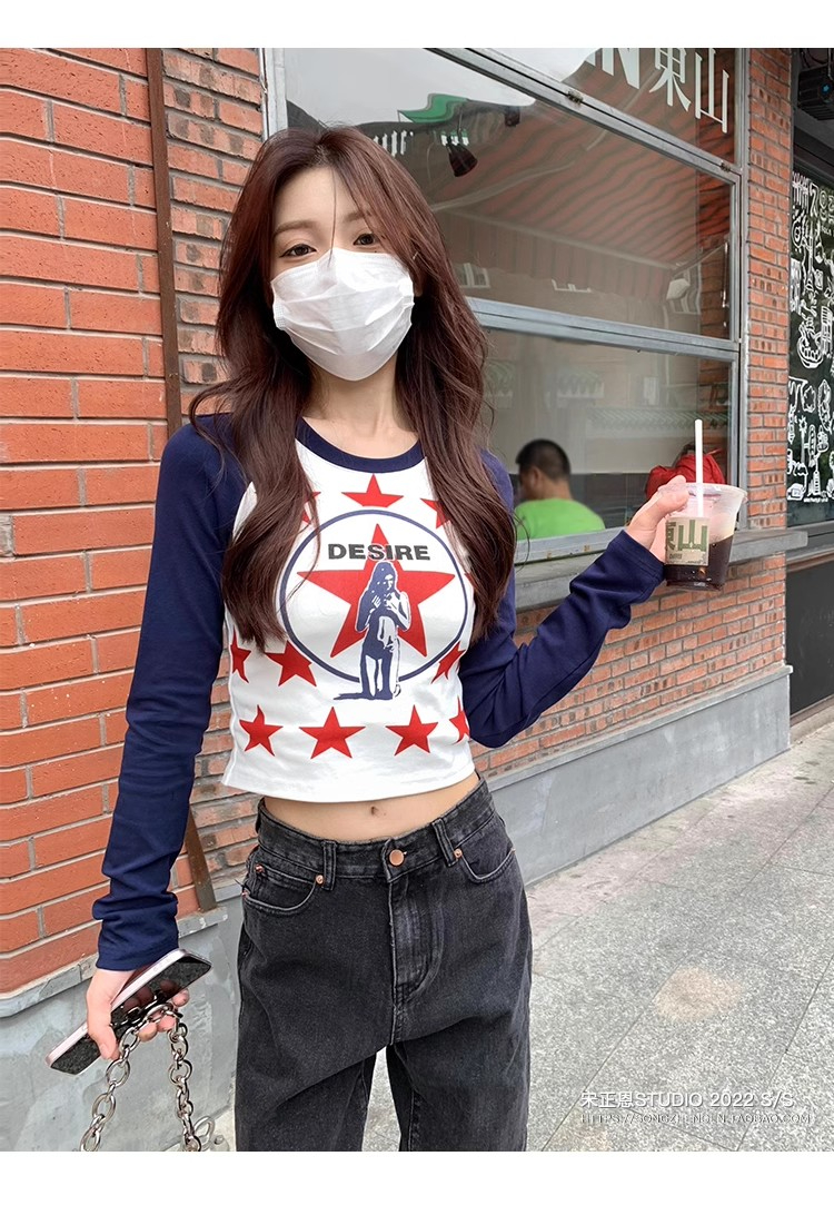 官圖 6535拉架棉長袖T恤女短款修身打底衫插肩袖撞色洋氣小衫上衣
