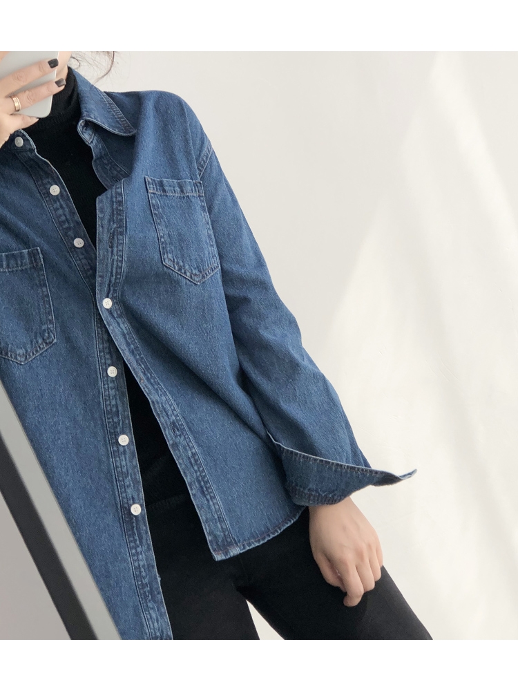 疊穿牛仔襯衫女春秋新款大碼胖MM長袖寬鬆簡約顯瘦上衣外套襯衣潮