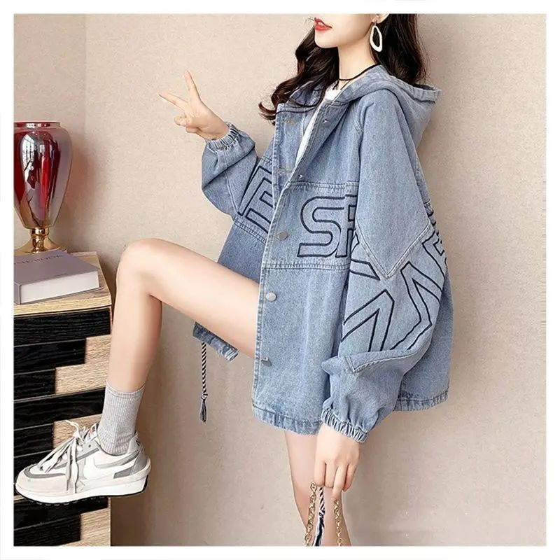 Denim jacket women's Korean style loose student casual versatile spring and autumn new hooded embroidered top ins trend