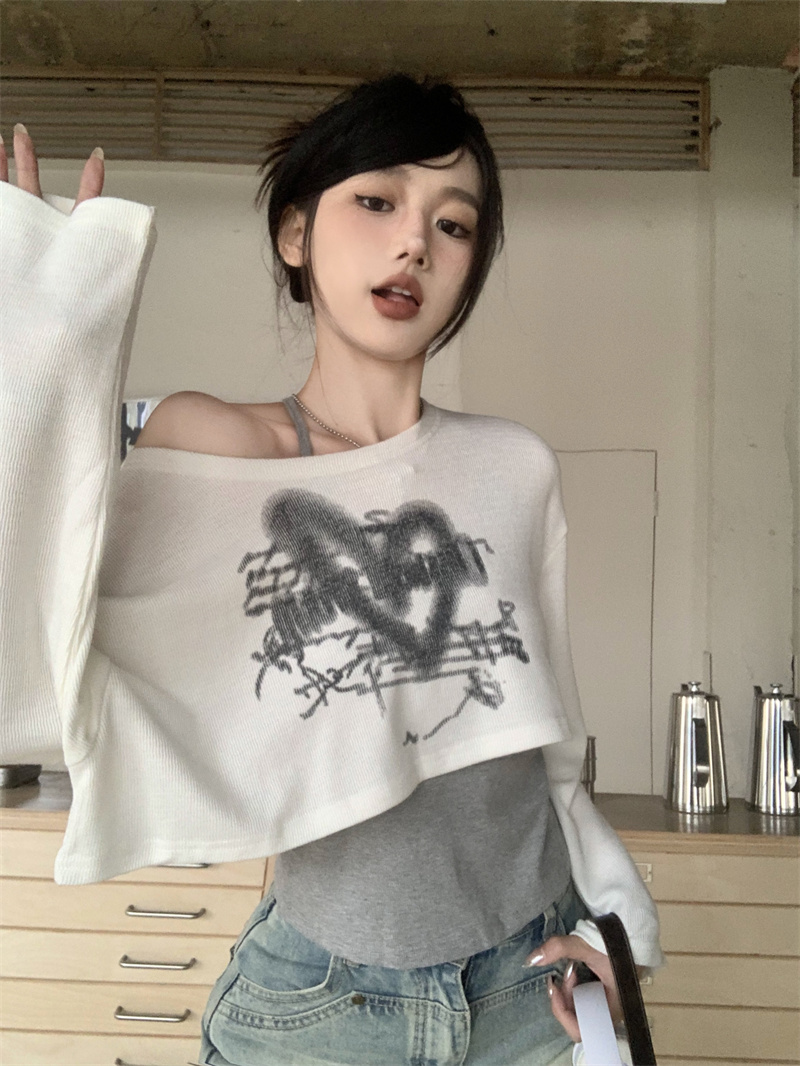 實拍 慵懶風印花長袖T恤女春夏小眾寬鬆顯瘦上衣兩件套