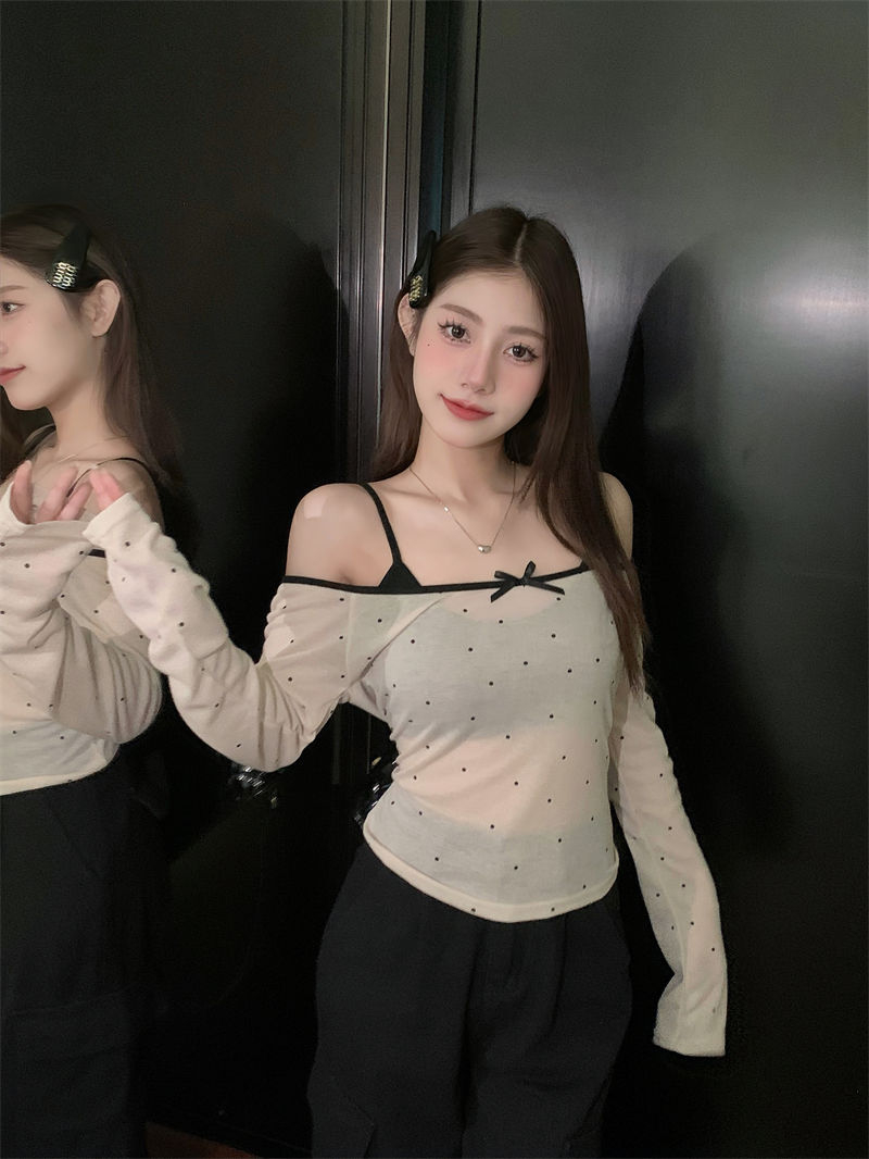 純欲風波點兩件套2024春夏季新款長袖T恤女修身顯瘦洋氣小眾上衣