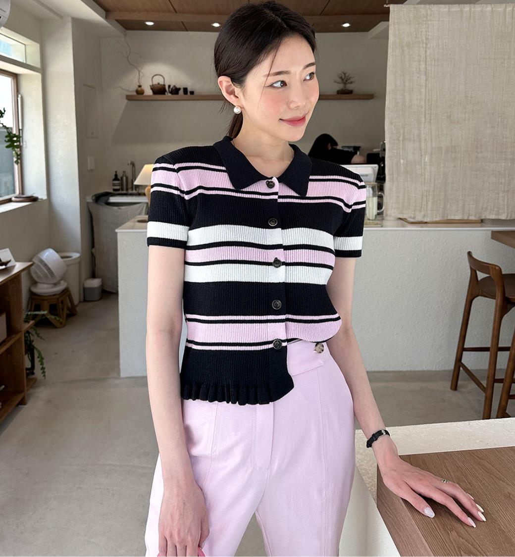 ！別致小上衣！夏季短袖復古polo領修身顯瘦針織衫百搭條紋女