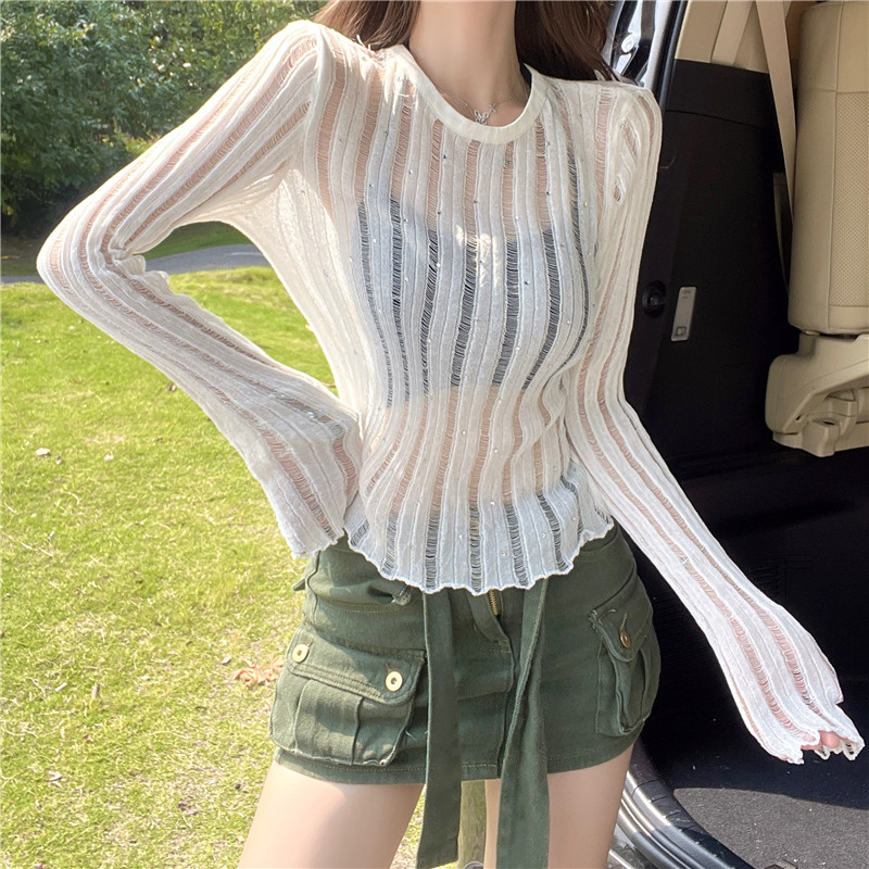 純欲甜辣妹薄款鏤空冰絲針織防曬罩衫上衣女設計感小眾長袖t恤夏
