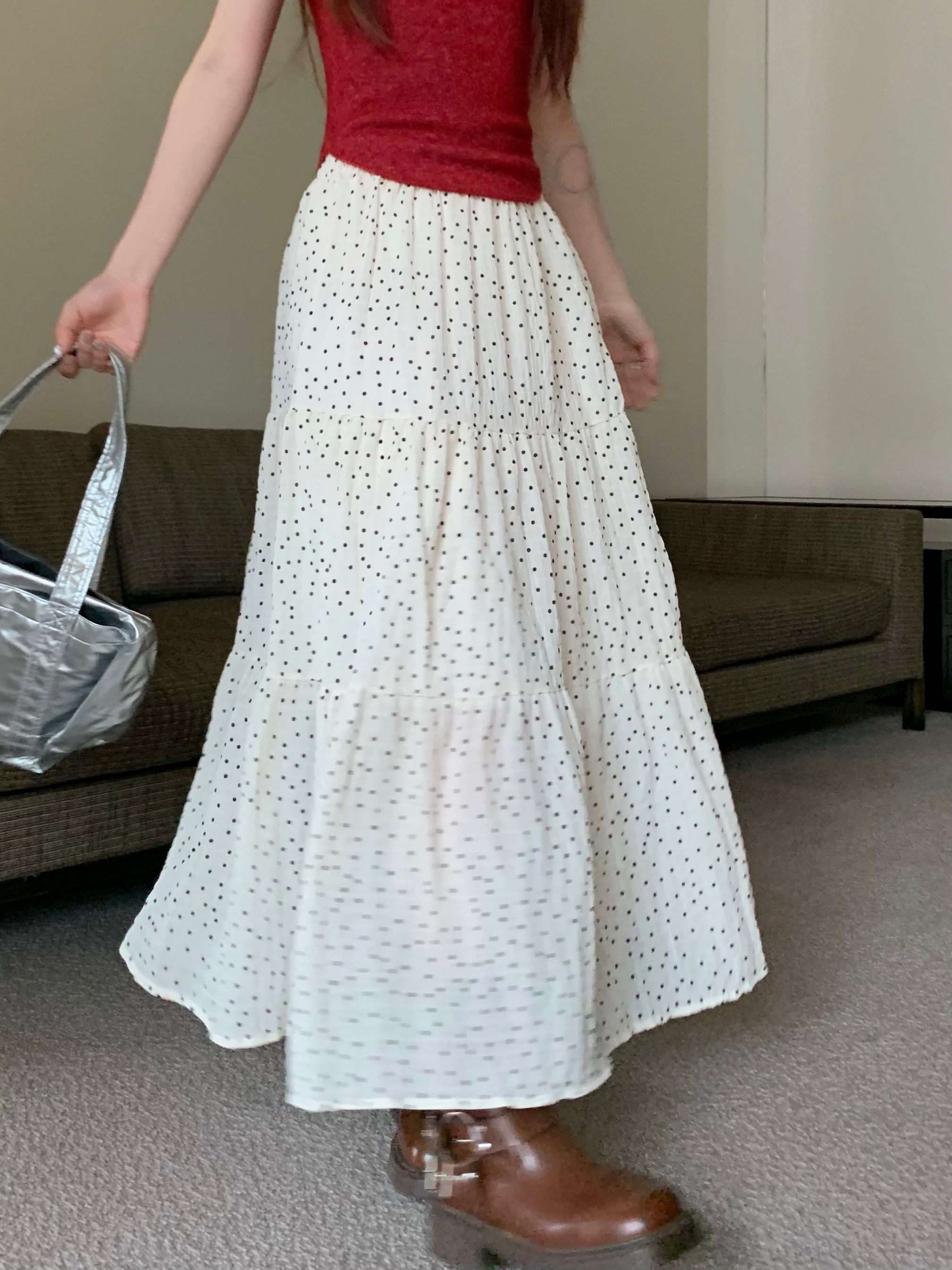 Real shot 2024~early spring polka dot high waist skirt