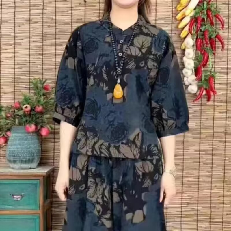 M--4XL寬鬆顯瘦洋氣印花休閒套裝減齡遮肉時尚復古哈倫褲兩件套