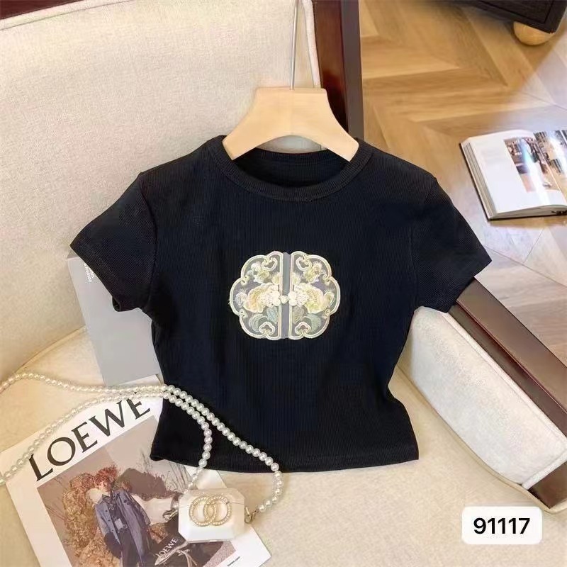 2024夏季新款新中式國風別致絕美刺繡短袖上衣女