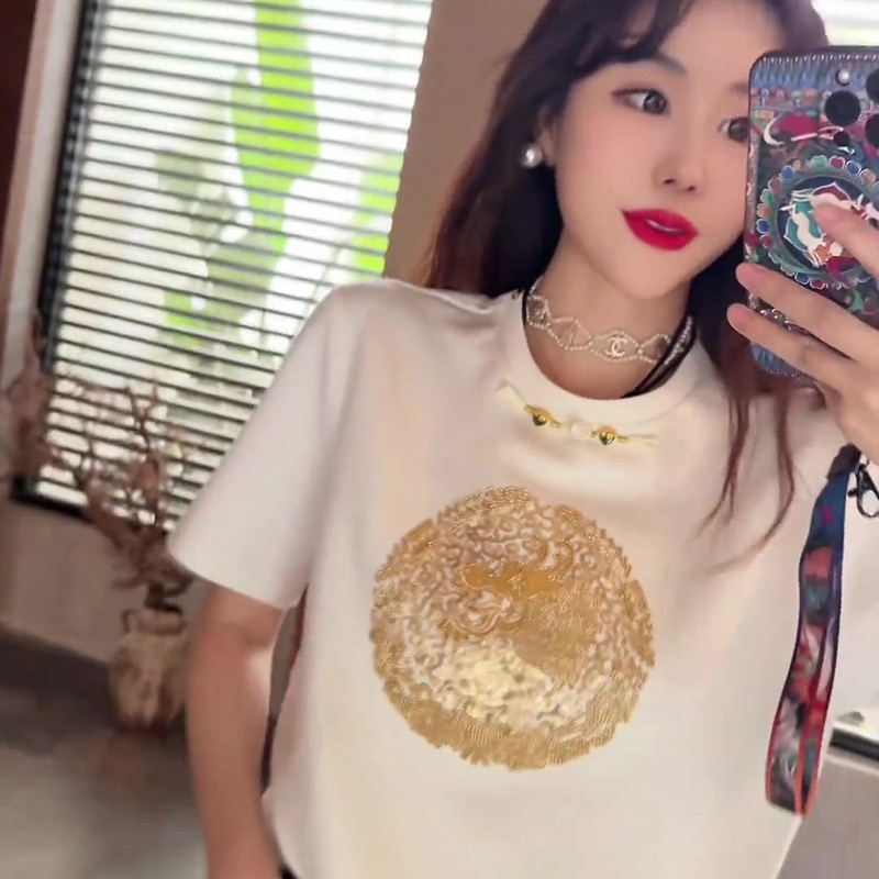 歐貨重磅2024春季新款女裝秋冬高級感新中式國風短袖T恤穿搭上衣