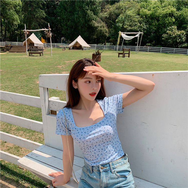 短款碎花方領T恤女夏季韓版修身顯瘦短袖上衣