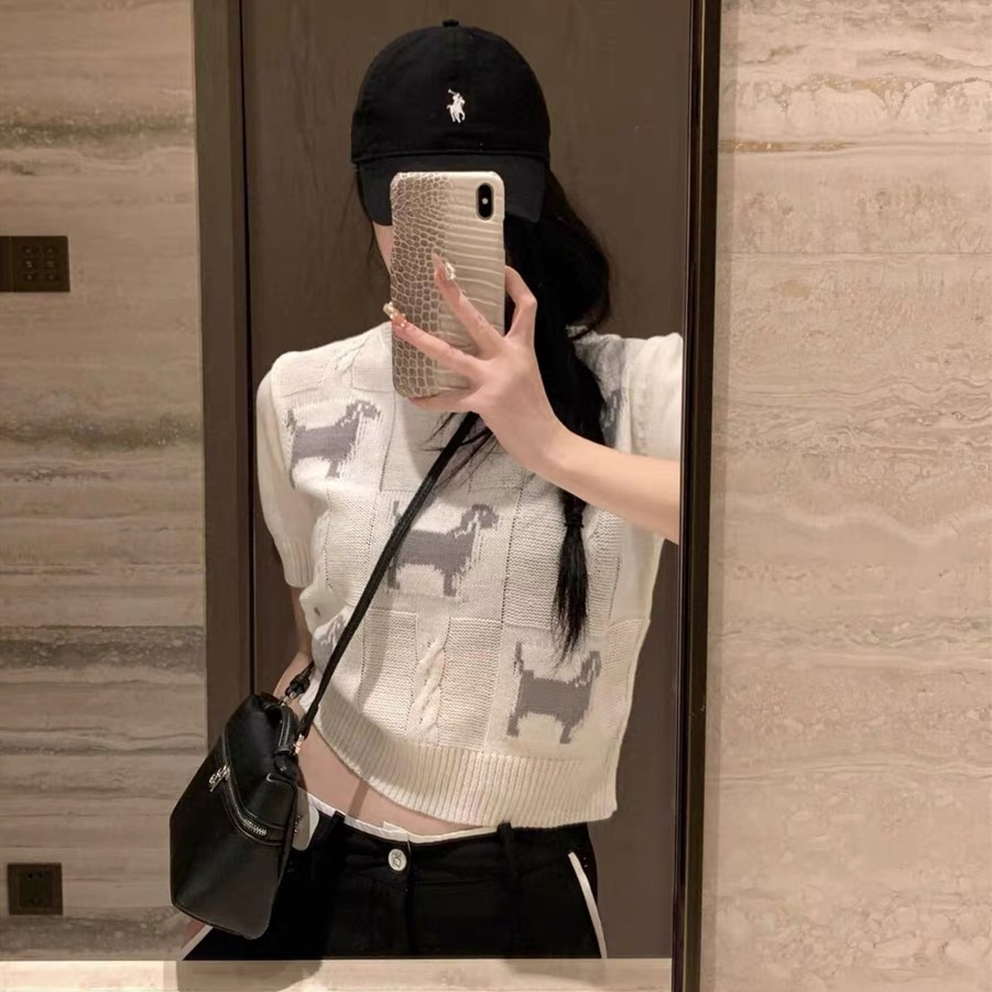方塊小狗毛衣短袖T恤女tee潮牌短款修身百搭休閒上衣設計感潮