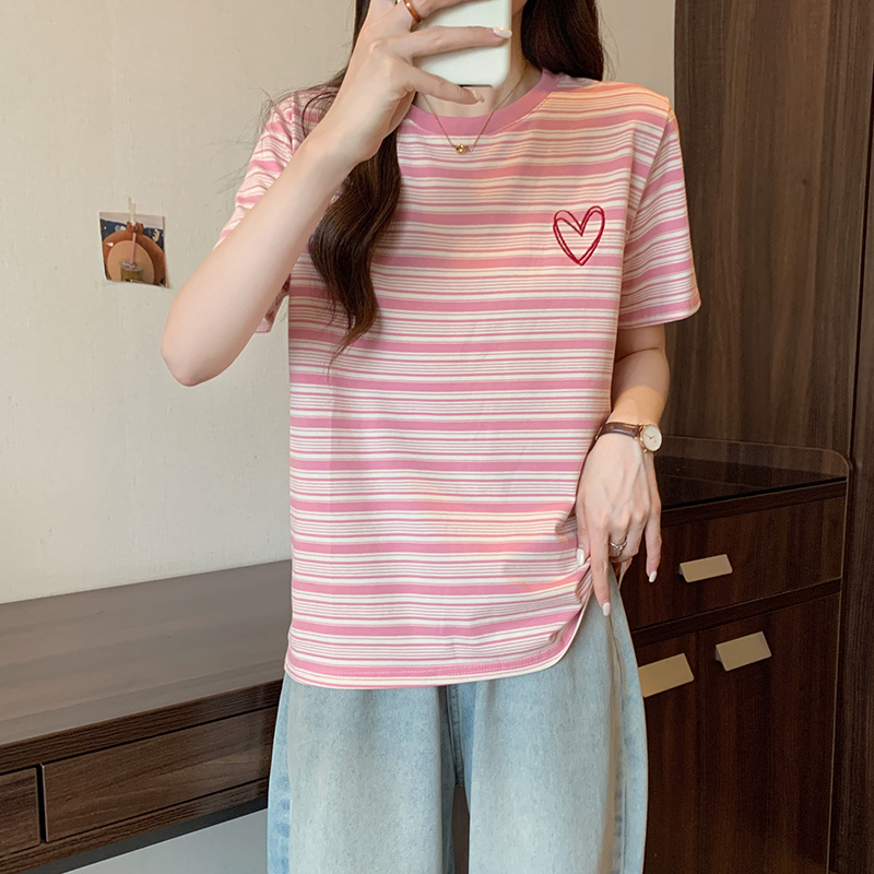 實拍 質量純棉夏裝韓版寬鬆圓領條紋愛心刺繡短袖T恤女
