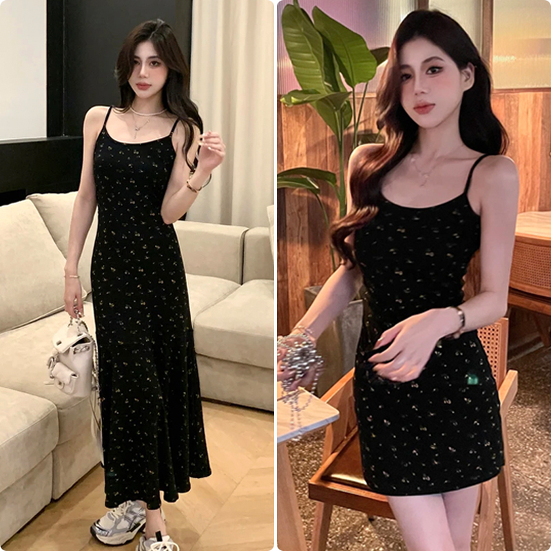 玫瑰晚宴~春季新款碎花吊帶連衣裙性感復古長裙收腰百搭