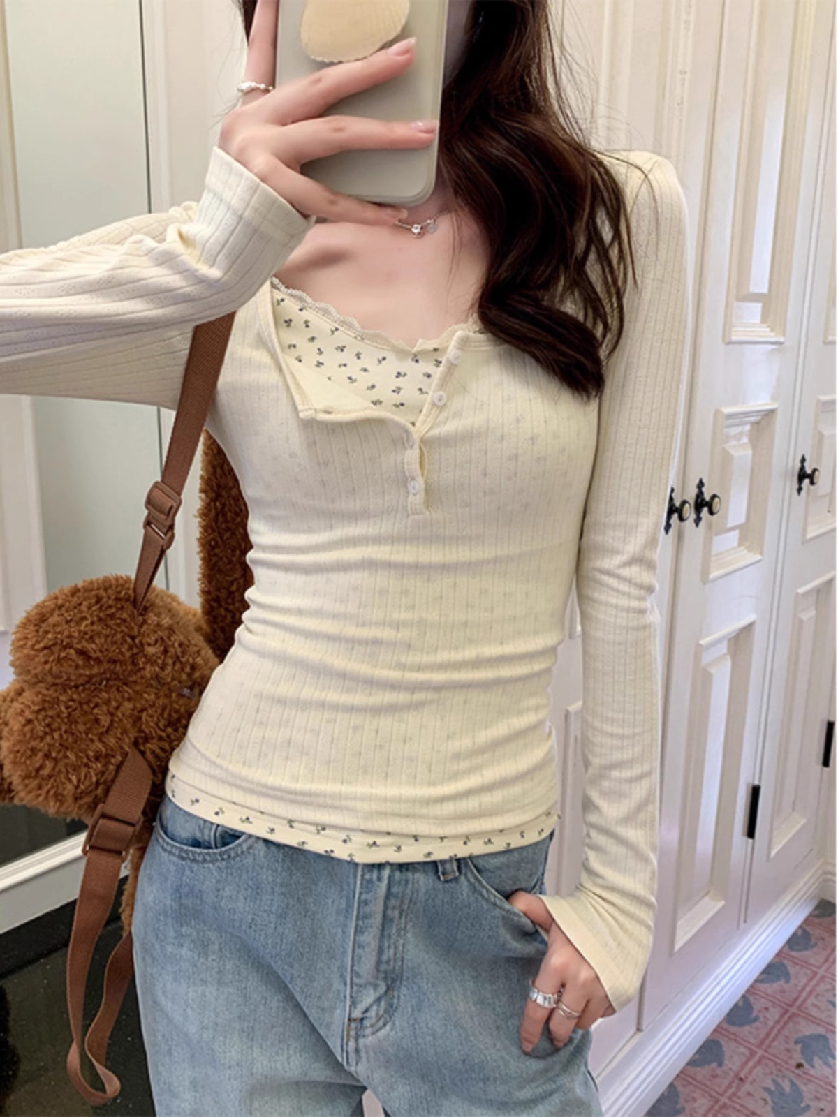 White lace floral inner bottoming sweater spring and summer slim fake two-piece long-sleeved T-shirt women's top