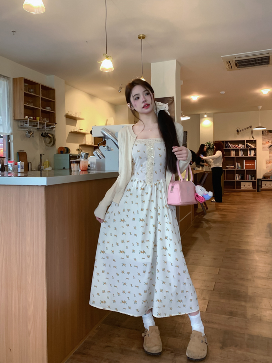 實拍 新款法式甜美蕾絲拼接碎花吊帶連衣裙針織開衫兩件套