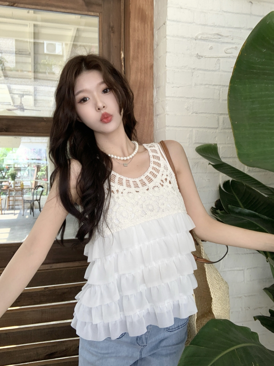 實拍~法式甜美蕾絲蛋糕型吊帶背心夏季外穿甜美無袖上衣