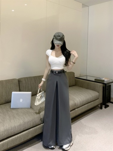 Real shot of high-split wide-leg culottes for women 2024 spring new retro high-waisted loose casual trousers