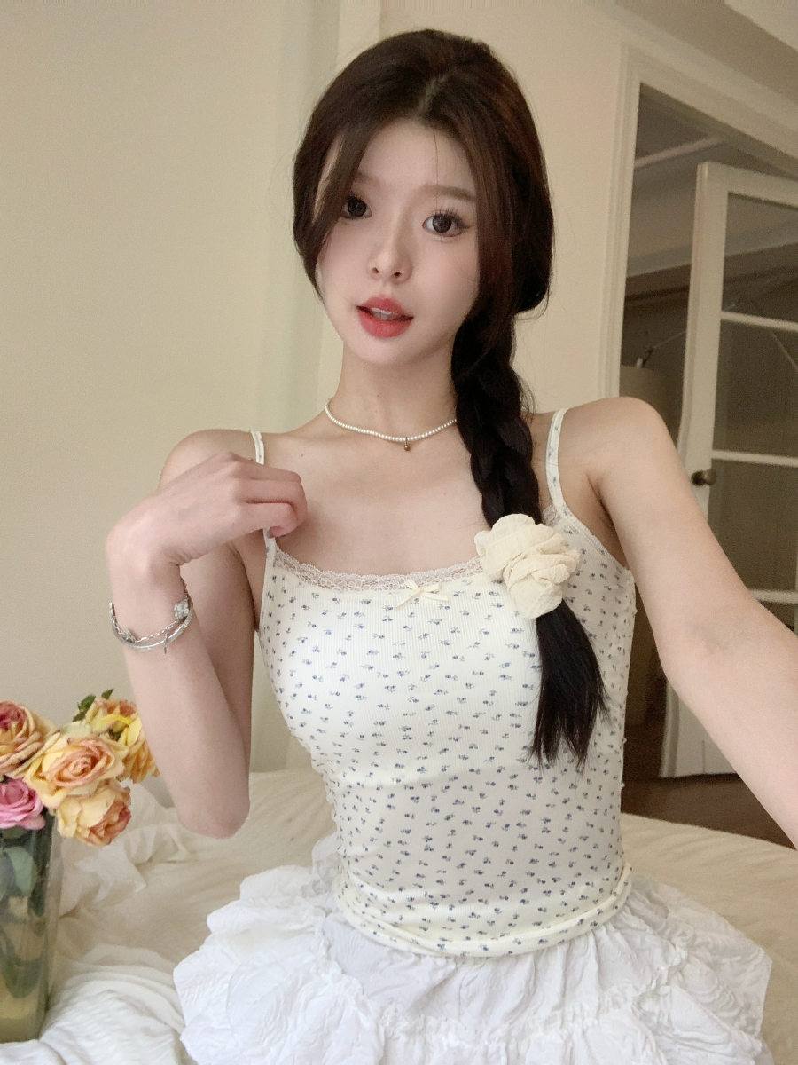 實拍~韓系碎花蕾絲花邊吊帶背心外穿帶胸墊無袖打底衣