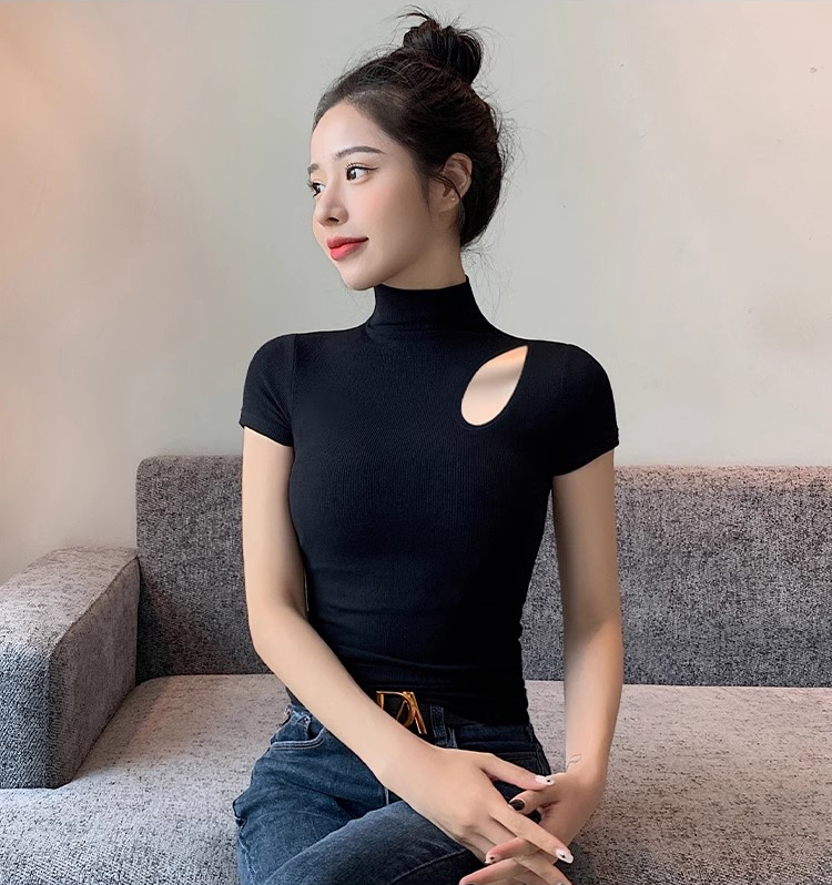 Official picture 92 cotton/8 spandex 40 count 210g pure cotton black half turtleneck short-sleeved t-shirt for women