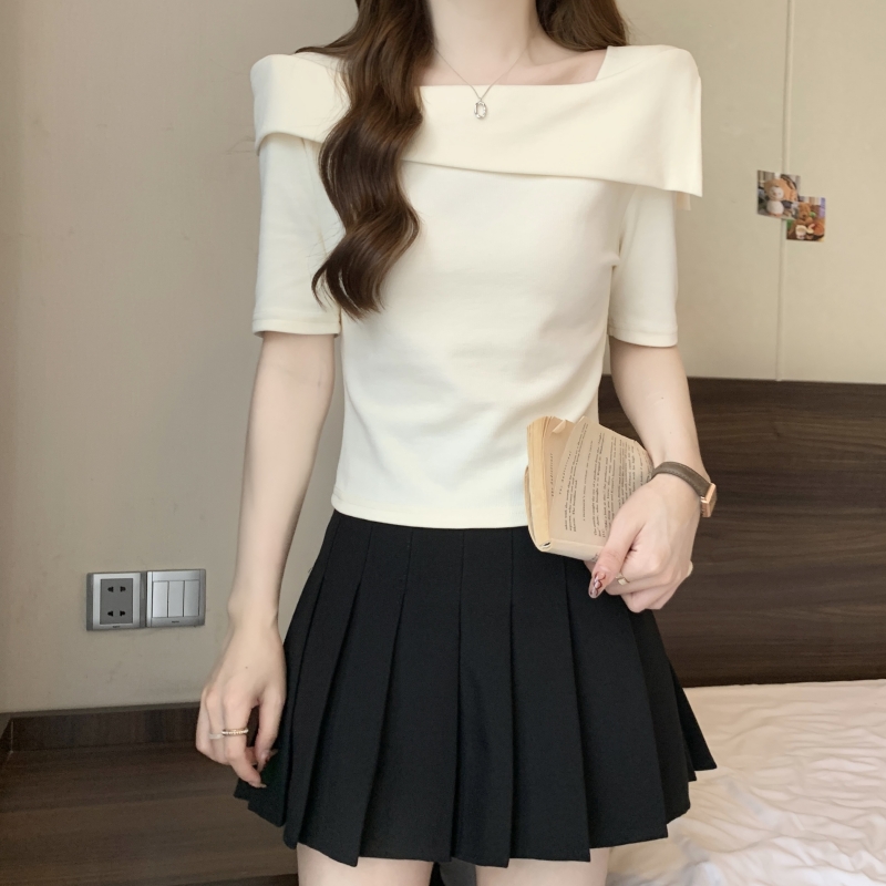 Real shot pure cotton design summer new style one-shoulder short-sleeved T-shirt chic collarbone short top women's clothing