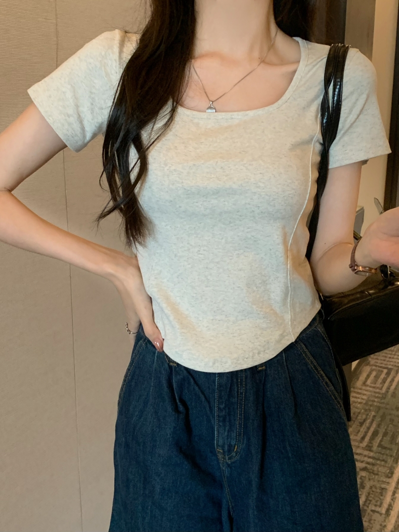 實拍  40支純棉 2024夏裝方領設計感小眾短袖T恤女
