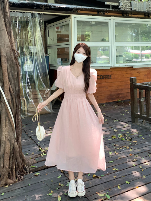 實拍純色連衣裙女2024夏季新款法式收腰顯瘦氣質泡泡袖長裙子
