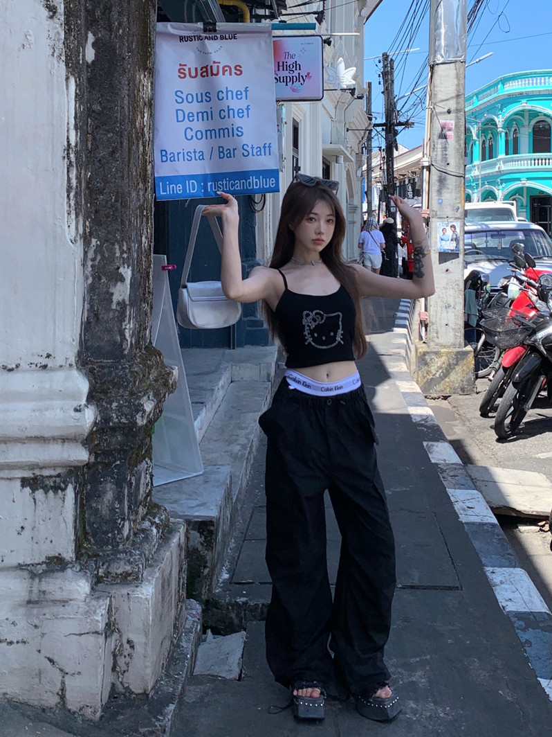 實拍美式復古燙鑽黑色吊帶背心女+休閒直筒闊腿抽繩工裝褲
