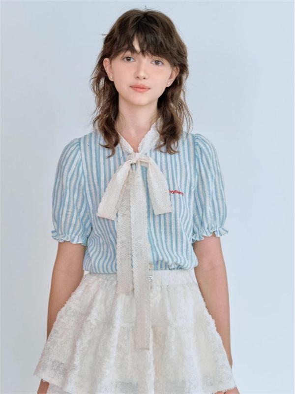 24SS「糖豆少女」蕾絲蝴蝶結襯衫泡泡袖花邊襯衣甜美風