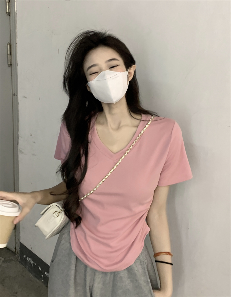 Real shot pure cotton pure desire v-neck short-sleeved t-shirt for women irregular slimming high-end hot girl right shoulder short top