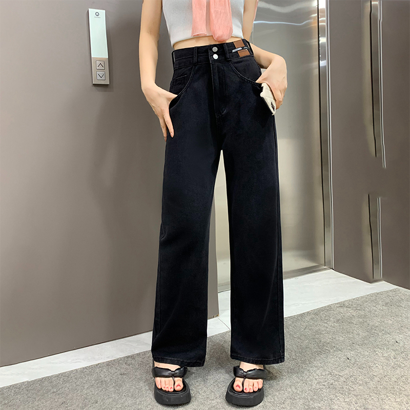 百搭韓版雙排扣高腰闊腿牛仔褲女春秋季新款顯高皮牌直筒牛仔褲潮