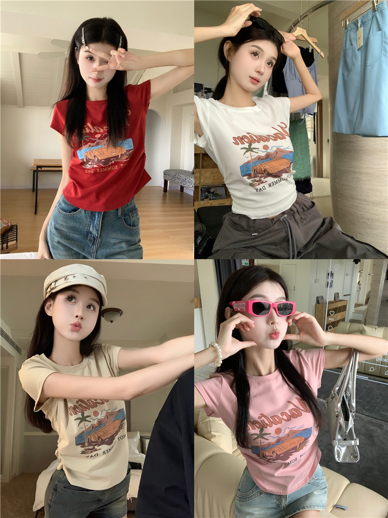Actual shot of new Korean style casual short drawstring retro versatile printed simple short-sleeved T-shirt