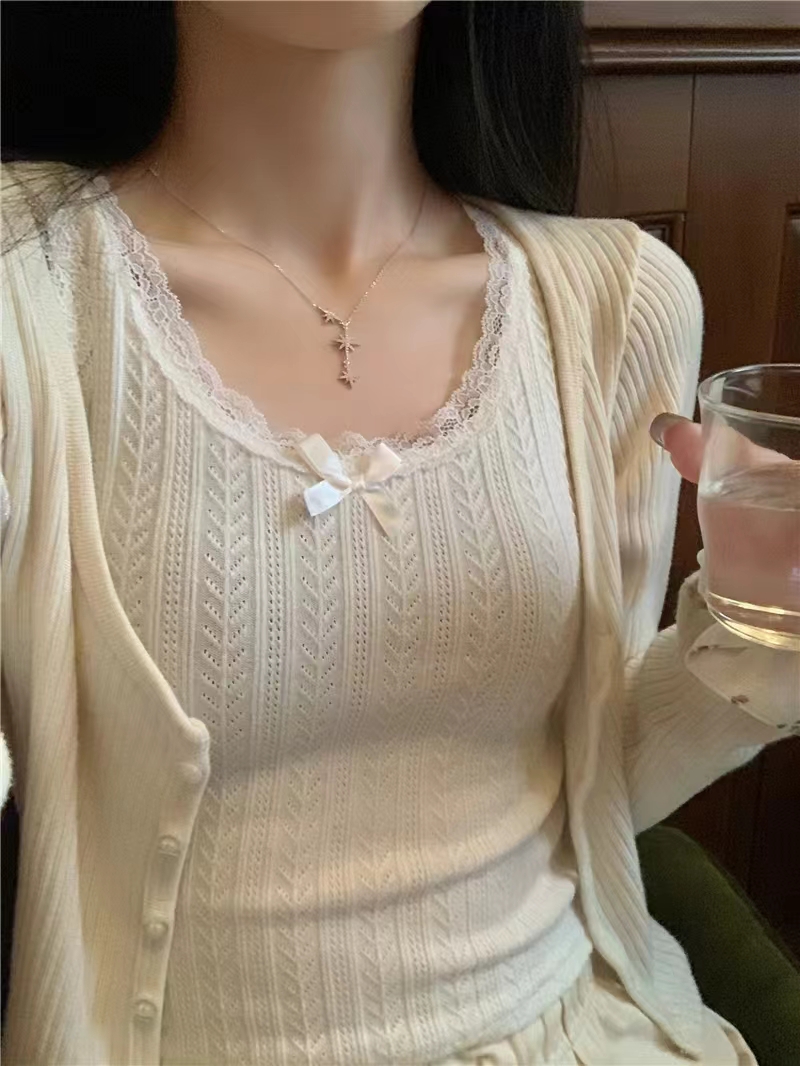 短款蝴蝶結修身吊帶背心女大碼胖mm純欲鏤空蕾絲花邊上衣冬季
