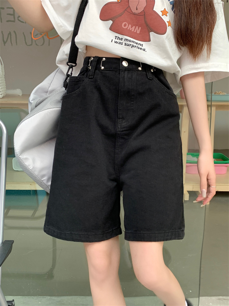D02實拍大碼女裝直筒牛仔短褲女寬鬆設計感高腰五分水洗牛仔褲
