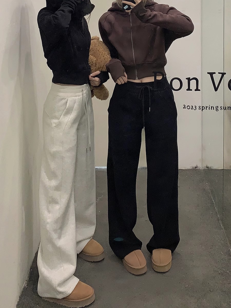 White pants winter drawstring elastic waist casual pants women's loose wide leg pants floor mopping long pants