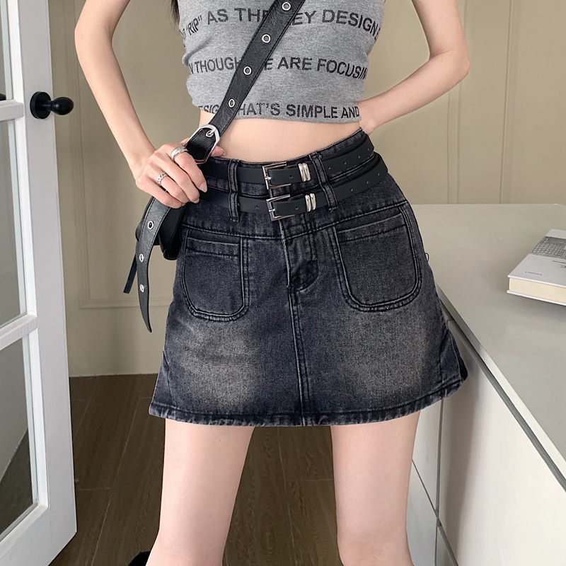 實拍#新款高腰牛仔短裙女設計感雙層腰A字半身包臀裙子