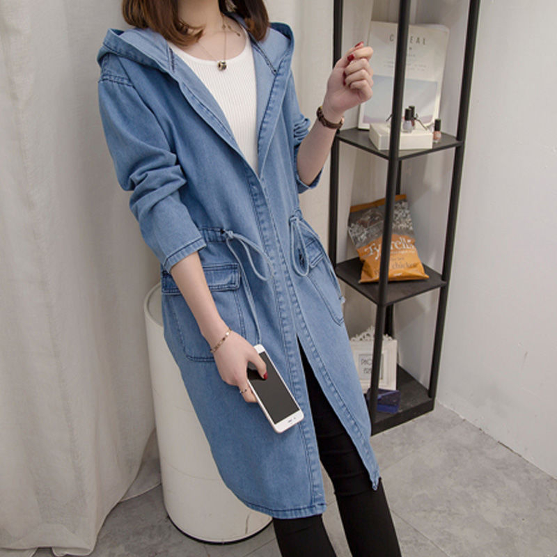 New plus size women's clothing for fat girls to reduce age and versatile mid-length denim hooded windbreaker jacket M-4xL