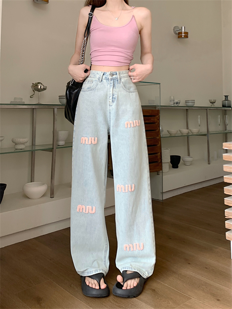 淺色字母刺繡牛仔褲窄版直筒褲女2024新款高腰寬鬆顯瘦闊腿褲