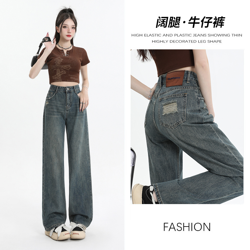 實拍 春夏新款牛仔褲女小眾設計高腰寬鬆破洞直筒闊腿褲