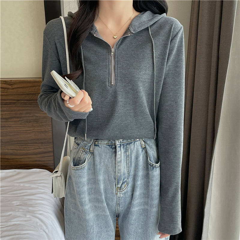 實拍 3色 春秋連帽外穿T恤女微胖梨型辣妹洋氣小眾拉鏈長袖上衣