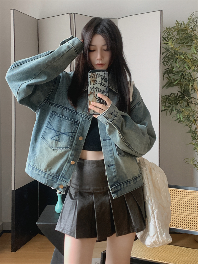復古港風牛仔外套女春秋新款寬鬆設計感休閒百搭短款夾克上衣