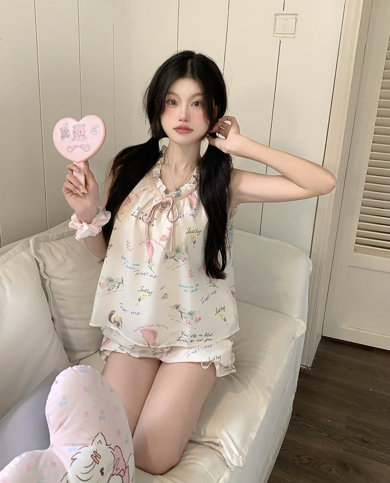 實拍  印花粉色系浪漫薄款休閒寬鬆睡衣家居服套裝夏天