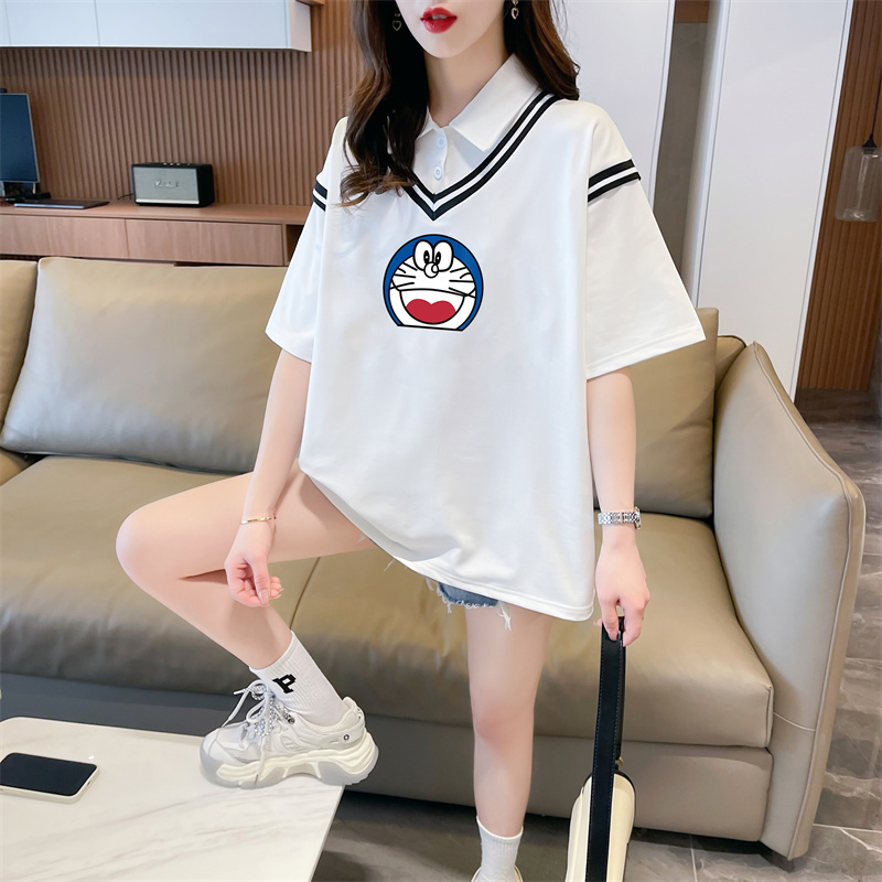 實拍 2024夏裝韓版寬鬆假兩件卡通印花M-3XL大碼短袖T恤女