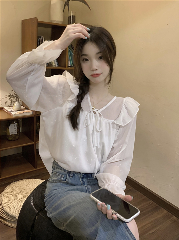 Real shot!  Korean gentle style loose lace-up shirt top women's V-neck design retro long-sleeved shirt