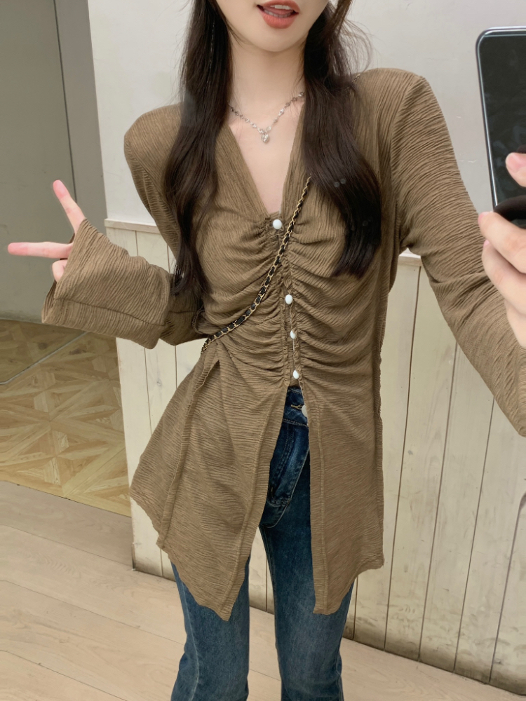 實拍！chic復古V領排扣褶皺顯瘦長袖襯衫女韓系小眾氣質上衣