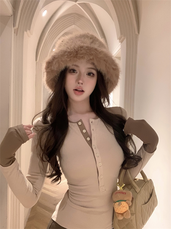 實拍~美拉德穿搭撞色長袖T恤女秋冬內搭打底衫圓領修身上衣