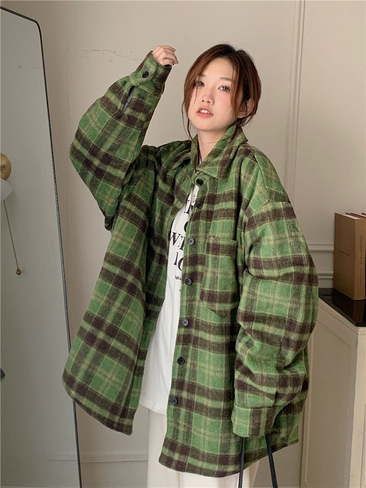 復古格子襯衫女秋季2024新款呢子寬鬆中長款外穿休閒長袖開衫上衣
