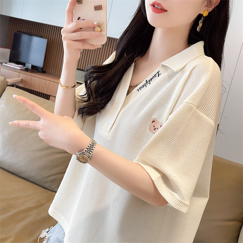 實拍 2024夏季新款韓版寬鬆華夫格POLO小V領短刺繡袖T恤女