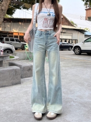 Photographed #Loose Straight Leg Denim Pants for Women - Design Inspired, Washed Retro Light Color Wide Leg Floor-Length Pants