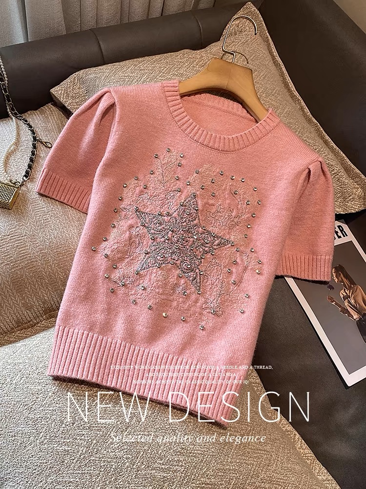 毛衣女小個子冬卓家2024春季新款圓領短袖鑲鑽刺繡星星粉色針織衫