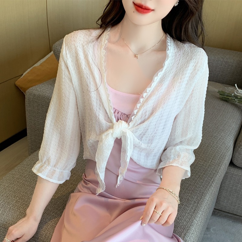 已出貨小披肩外套女2024春夏新款百搭雪紡防曬超薄短款外搭開衫