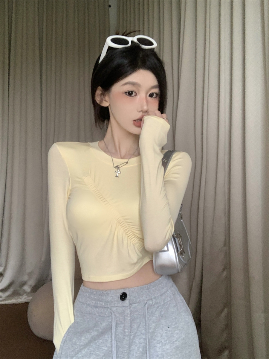 實拍辣妹緊身顯瘦別致薄款長袖春夏純色百搭短款上衣帶胸墊