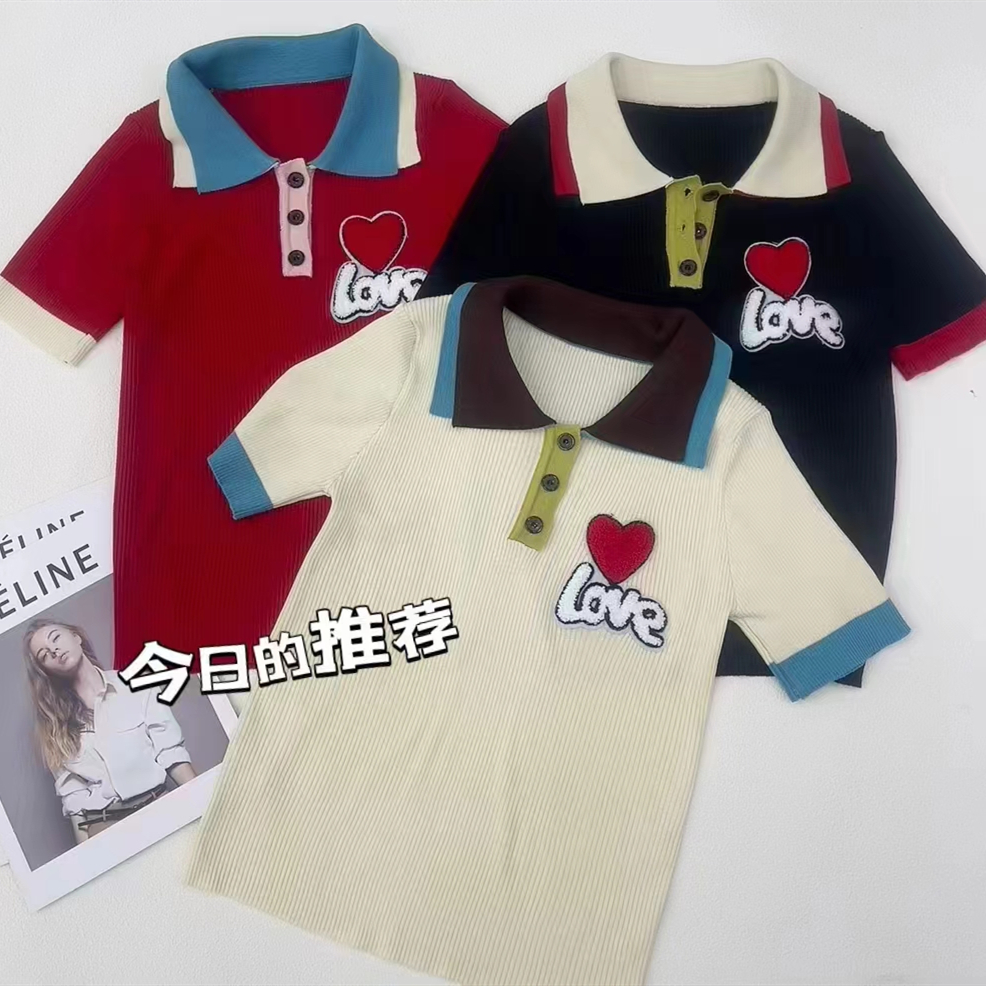 復古貼標愛心拼色Polo領短袖針織衫女春夏新款慵懶風時尚減齡上衣